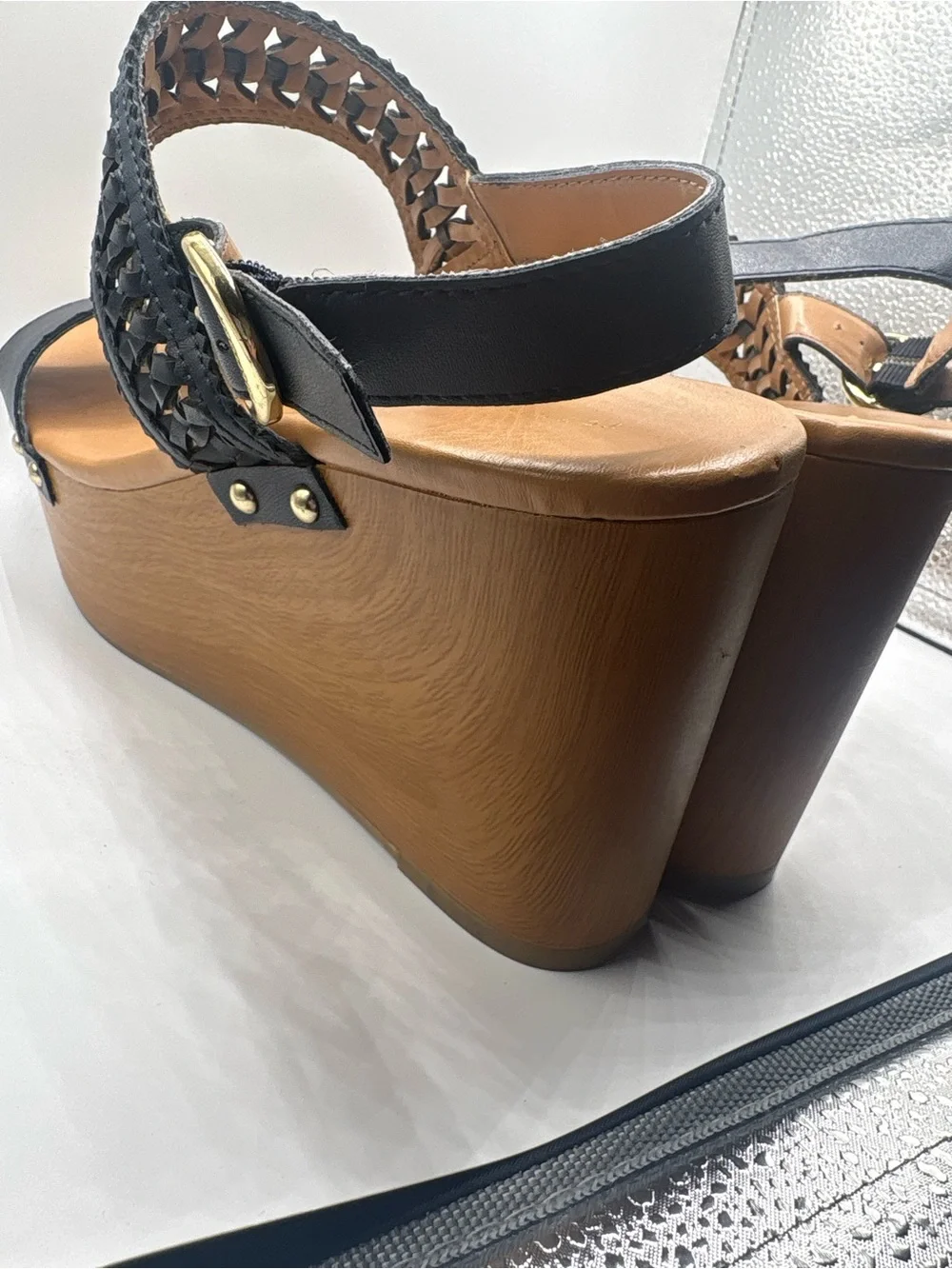 Tommy Hilfiger Black Woven-Strap Platform Wedges